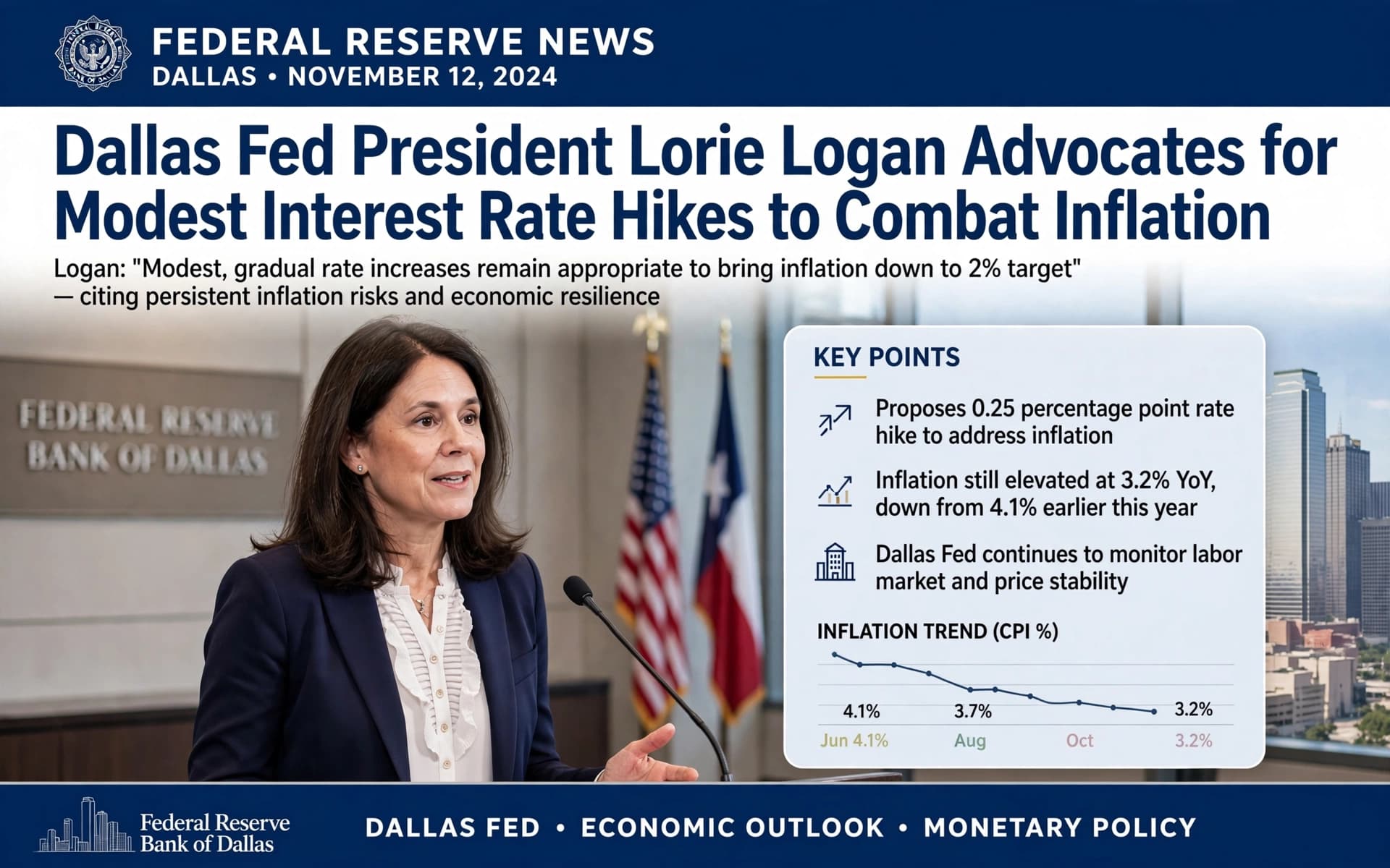 Dallas Fed President Lorie Logan Advocates for Modest Interest Rate Hikes to Combat Inflation