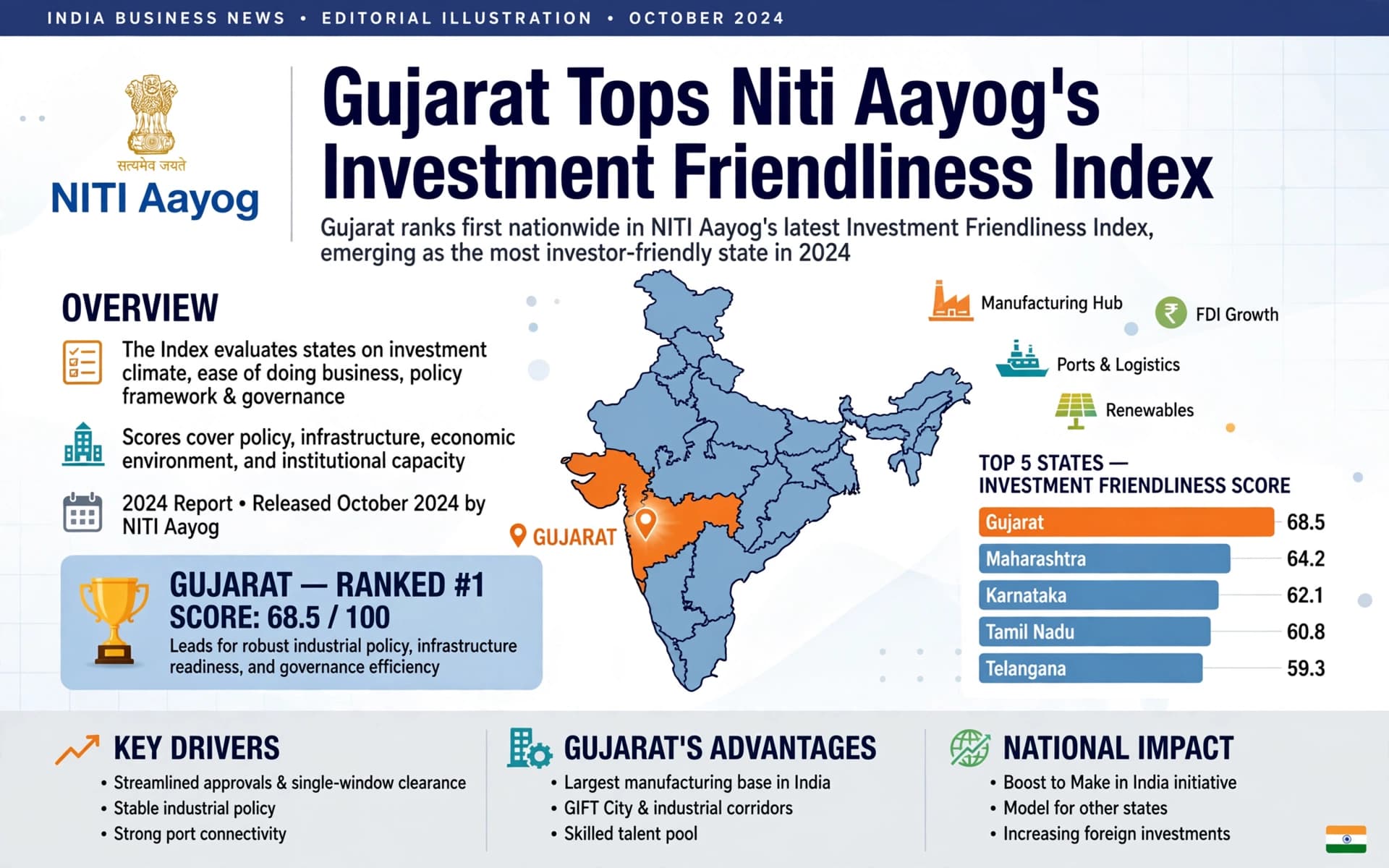 Gujarat Tops Niti Aayog's Investment Friendliness Index