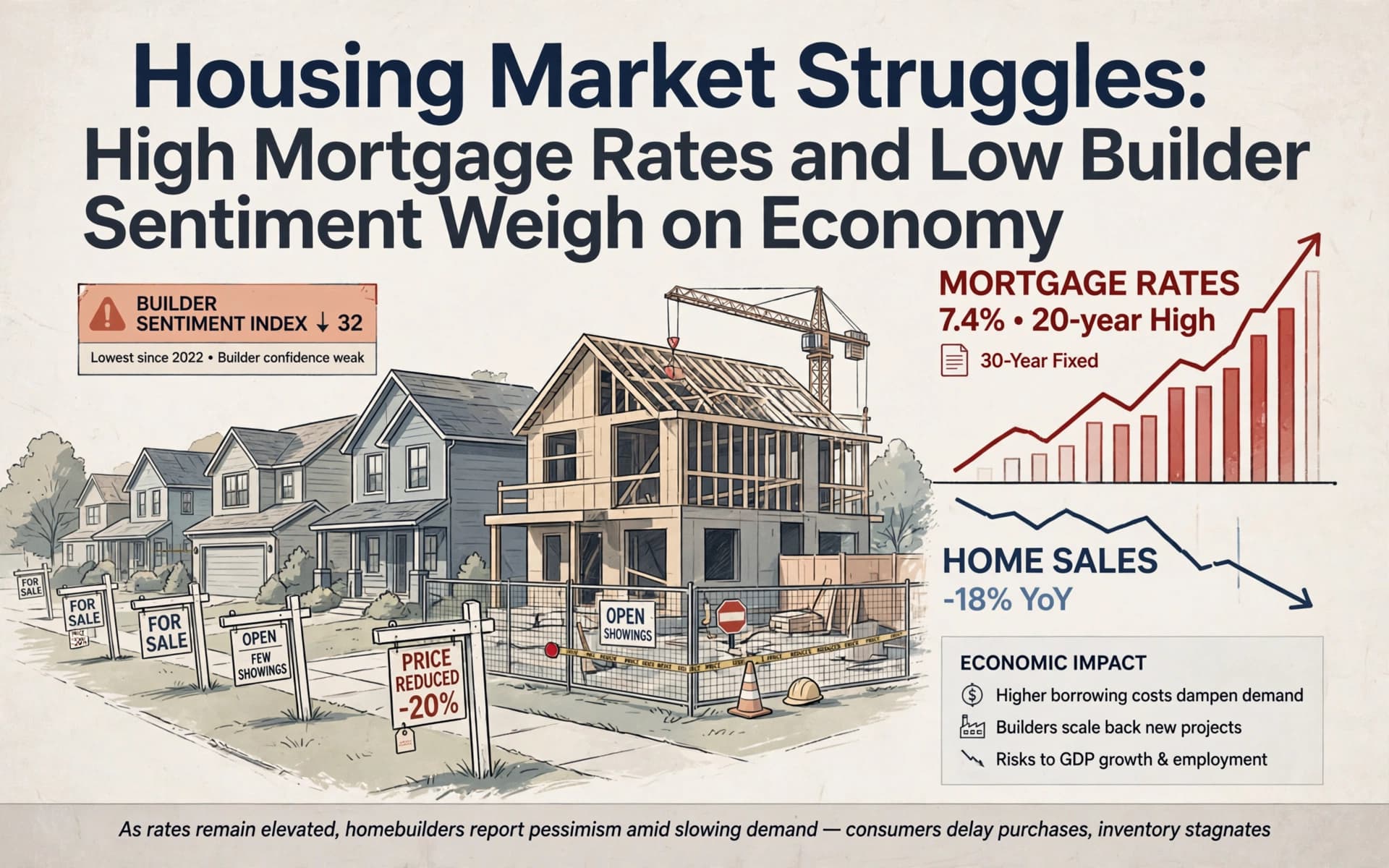 Housing Market Struggles: High Mortgage Rates and Low Builder Sentiment Weigh on Economy