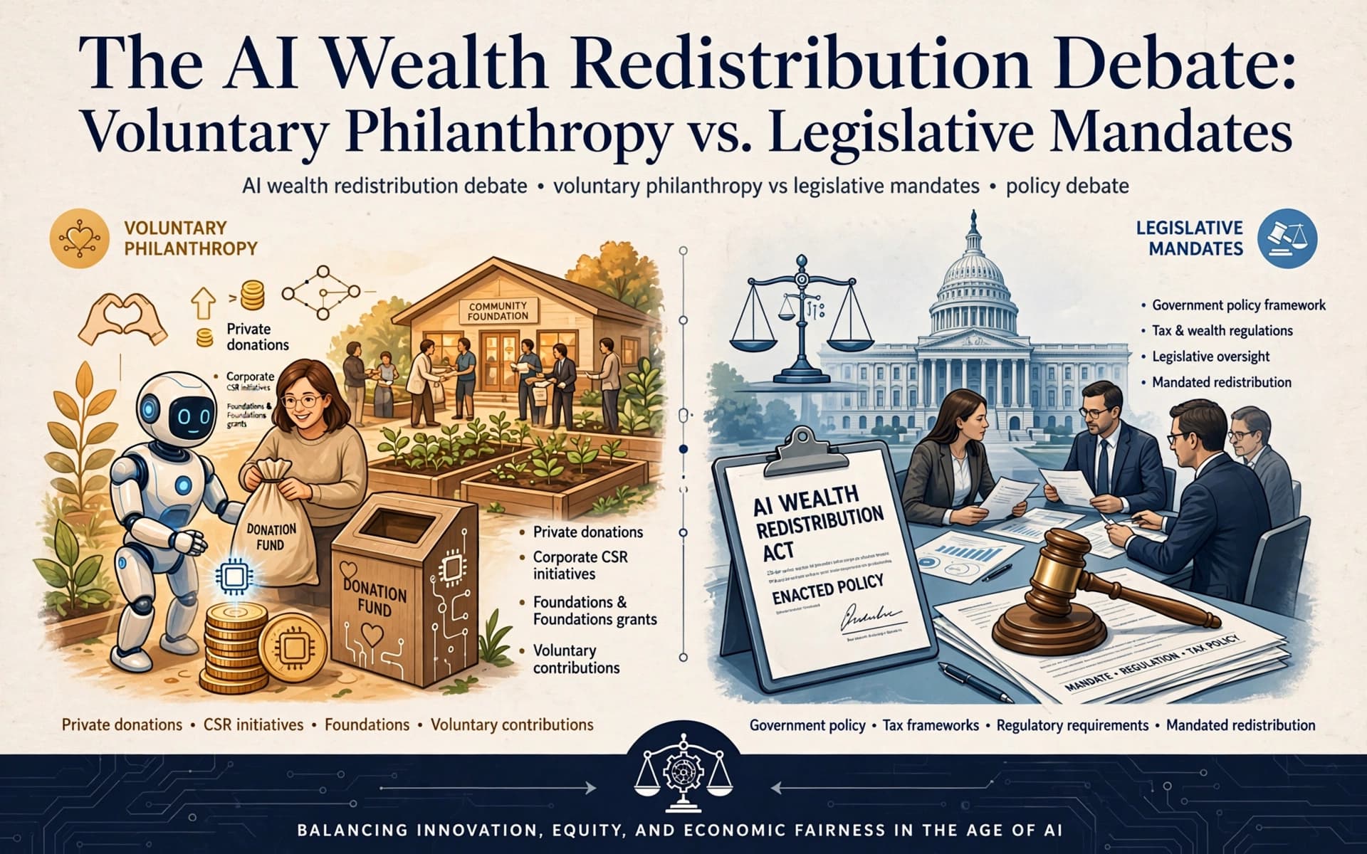 The AI Wealth Redistribution Debate: Voluntary Philanthropy vs. Legislative Mandates
