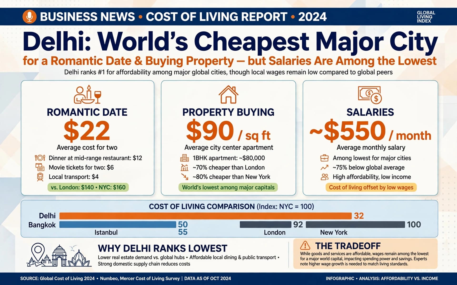 Delhi world's cheapest major city for a romantic date and buying properties, but salaries are among the lowest