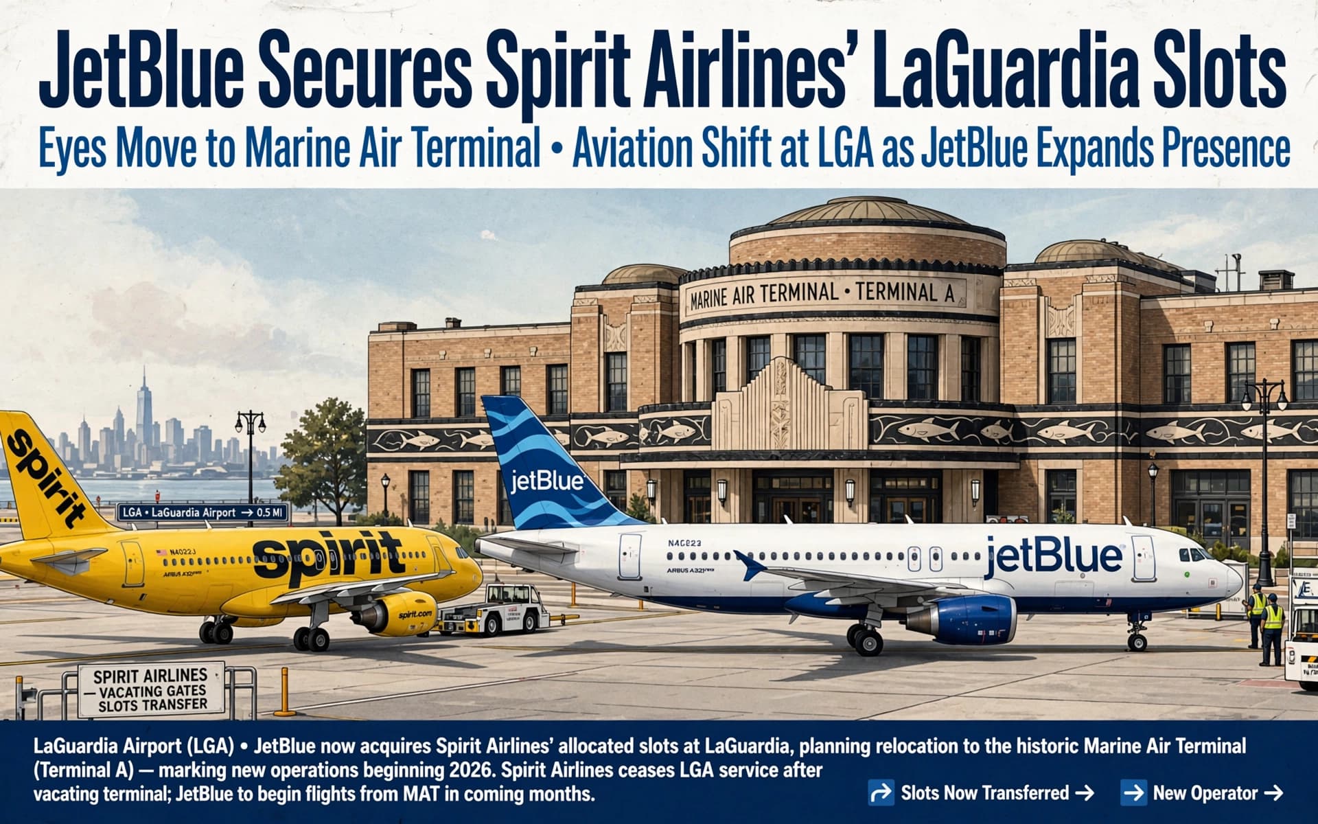 JetBlue Secures Spirit Airlines' LaGuardia Slots, Eyes Move to Marine Air Terminal