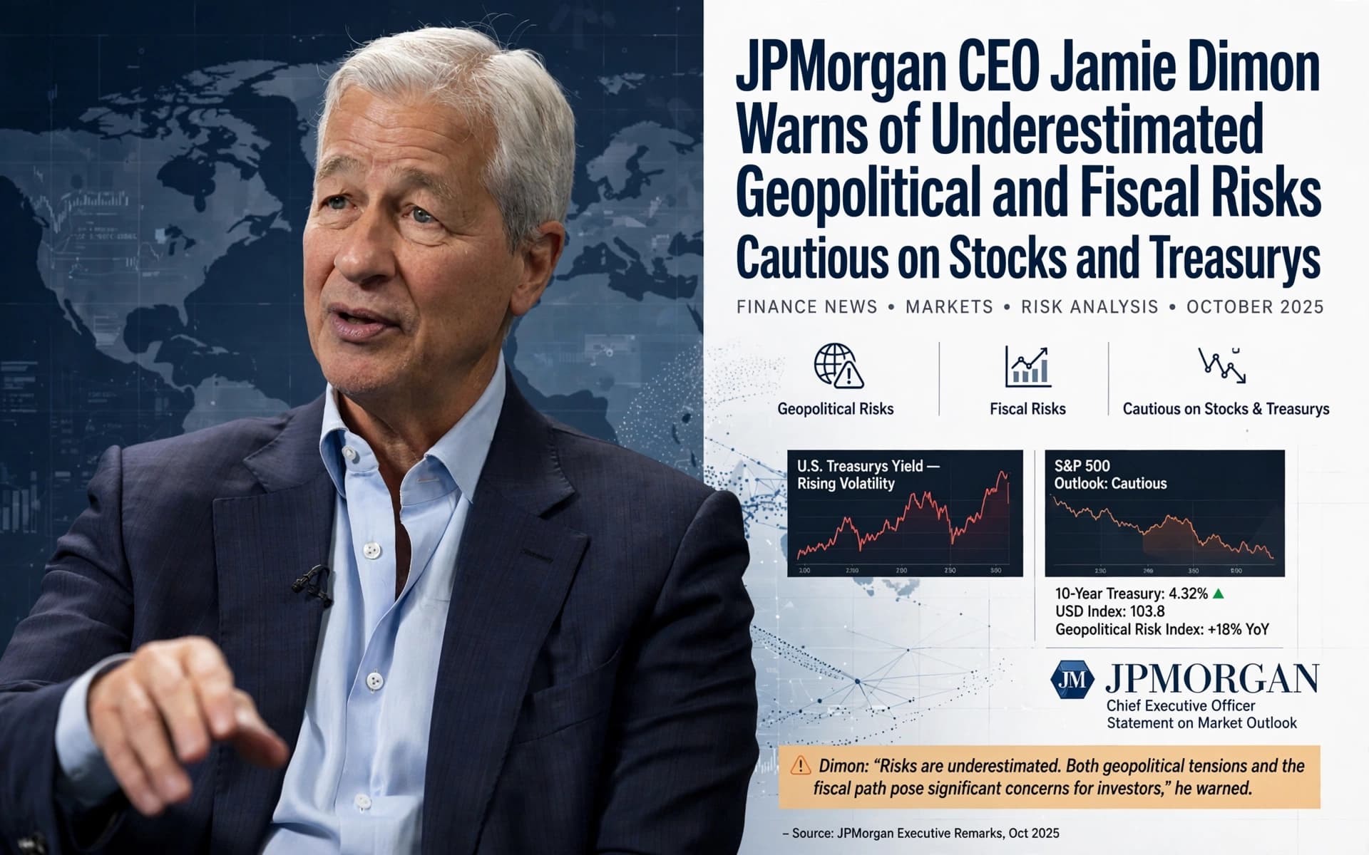 JPMorgan CEO Jamie Dimon Warns of Underestimated Geopolitical and Fiscal Risks, Cautious on Stocks and Treasurys