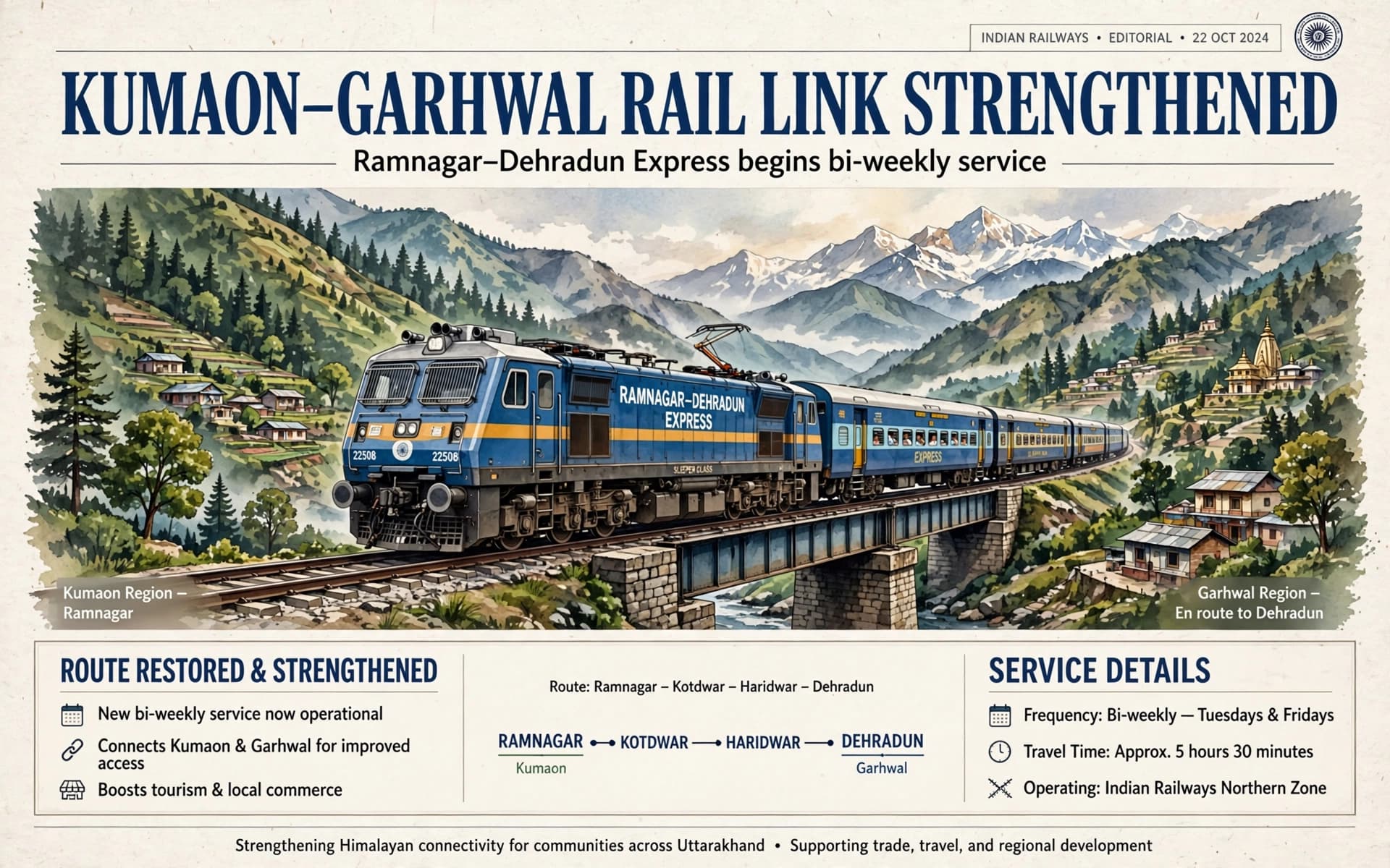 Kumaon-Garhwal rail link strengthened as Ramnagar-Dehradun Express begins bi-weekly service