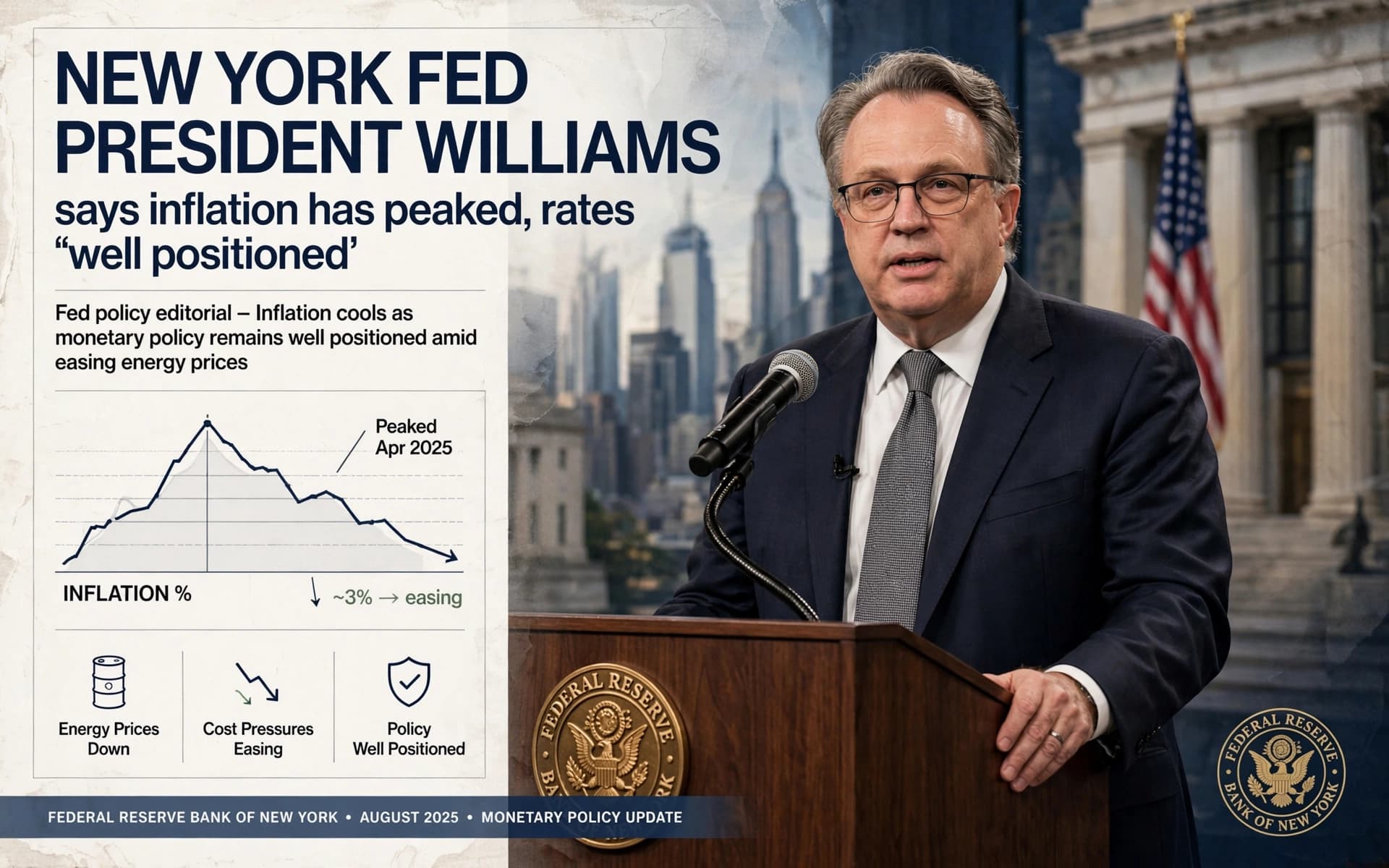 New York Fed President Williams says inflation has peaked, rates 'well positioned'