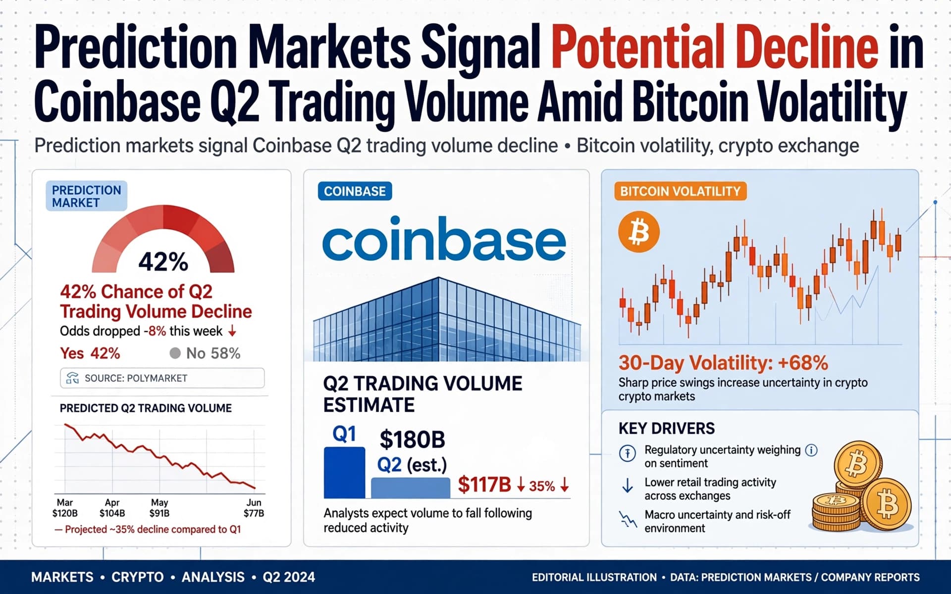 Prediction Markets Signal Potential Decline in Coinbase Q2 Trading Volume Amid Bitcoin Volatility