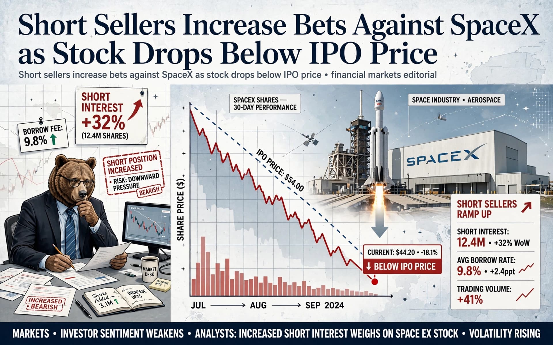 Short Sellers Increase Bets Against SpaceX as Stock Drops Below IPO Price