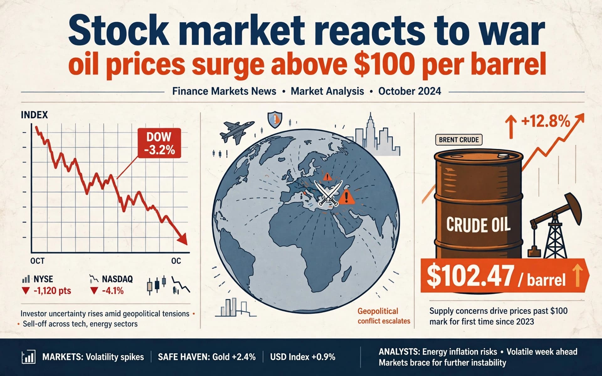 Stock market reacts to war, oil prices surge above $100 per barrel